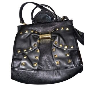 Betsey‎ Johnson Black Leather Bow Studded Satchel Crossbody Handbag Gold Accents